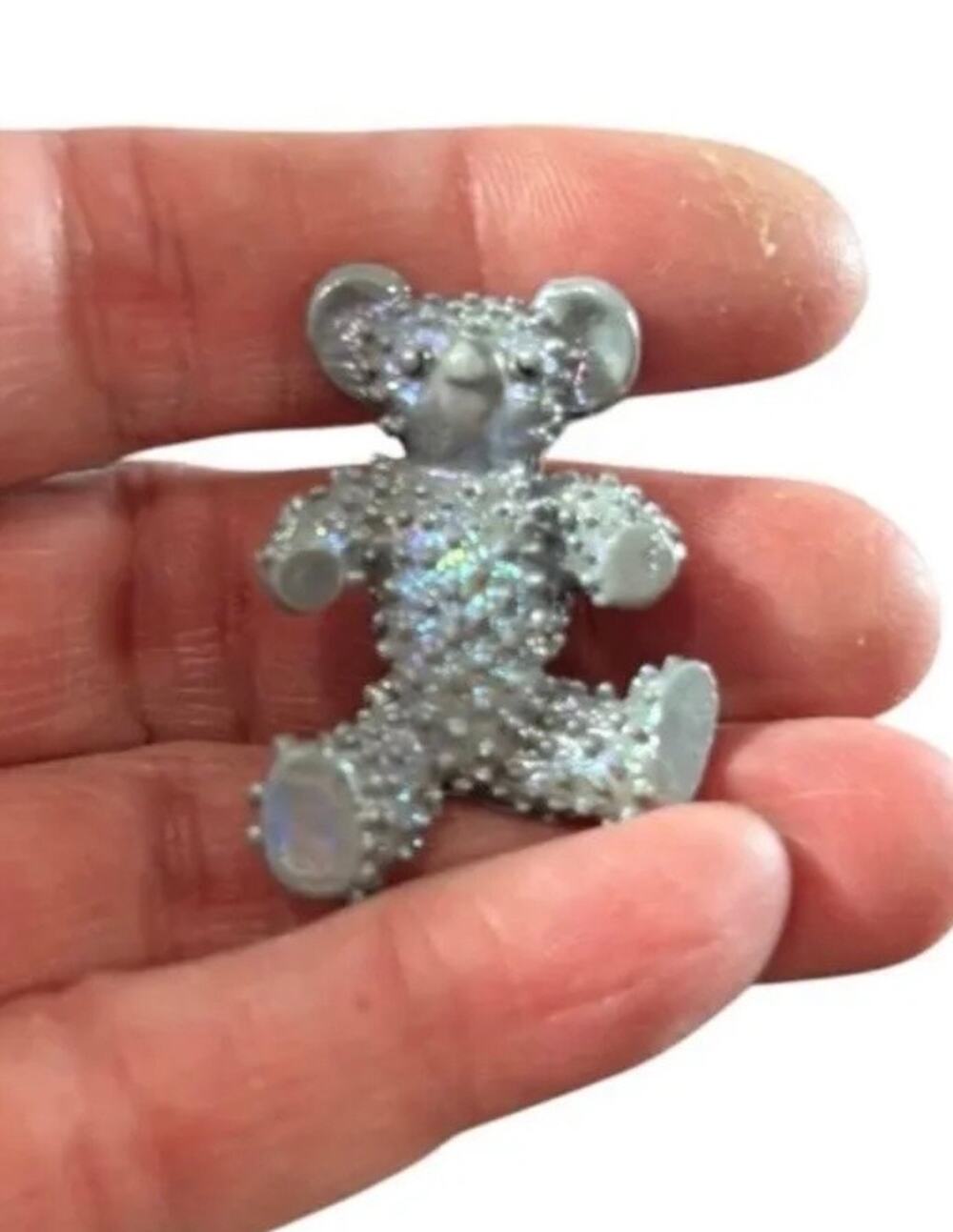 Vintage Teddy Bear Brooch AB Rhinestone Gray Figural Pin Cute Sparkle Statement